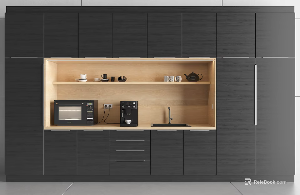 Modern Dark Gray Kitchen Cabinets With Built In Wooden Shelves Microwave Coffee Maker And Sink 3d model 