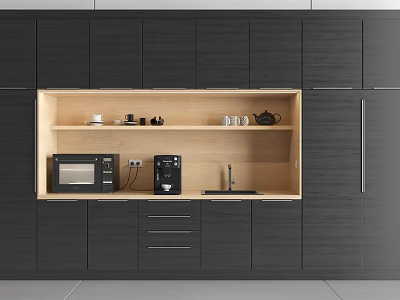 Modern Dark Gray Kitchen Cabinets With Built In Wooden Shelves Microwave Coffee Maker And Sink 3d model
