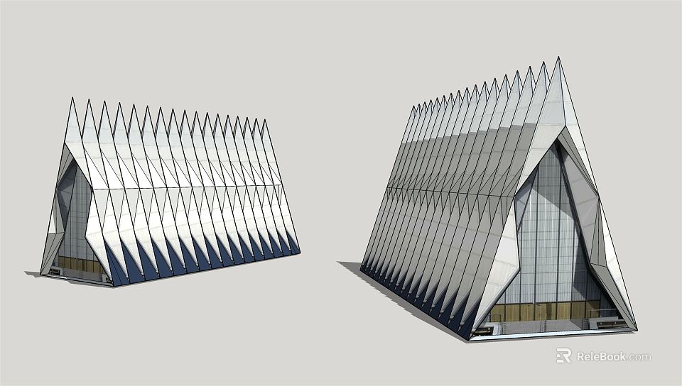 Modern School Building With Geometric Shape Glass Curtain Wall and Spiked Roof Design 3d model 