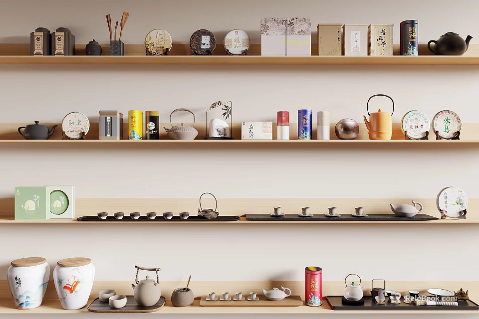 Stylish Tea Sets Display on Shelves with Teapots Teacups and Tea Caddies 3d model 