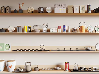Stylish Tea Sets Display on Shelves with Teapots Teacups and Tea Caddies 3d model