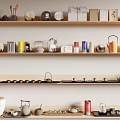 Stylish Tea Sets Display on Shelves with Teapots Teacups and Tea Caddies