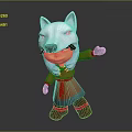 3D Cartoon Game Character With White Wolf Head Mask Yellow Eyes And Red Orange Outfit