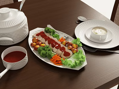 Grilled Meat With Broccoli Carrots Potatoes And Sauce Served On Wooden Table 3d model