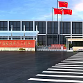 Industrial Factory Building with Red Flags Glass Canopy Entrance and Spacious Square
