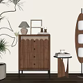 Wooden Entryway Console Cabinet With Decorative Items Potted Plant And Floor Lamp