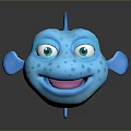 Cute Blue Cartoon Fish Head With Big Eyes Smiling Mouth Spots And Fins