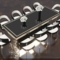 Black Dining Table Set With White Chairs White Flower Bouquets On Brown Parquet Floor