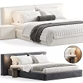 Modern Double Bed With Upholstered Headboard Soft Pillows Striped Throw And Nightstand