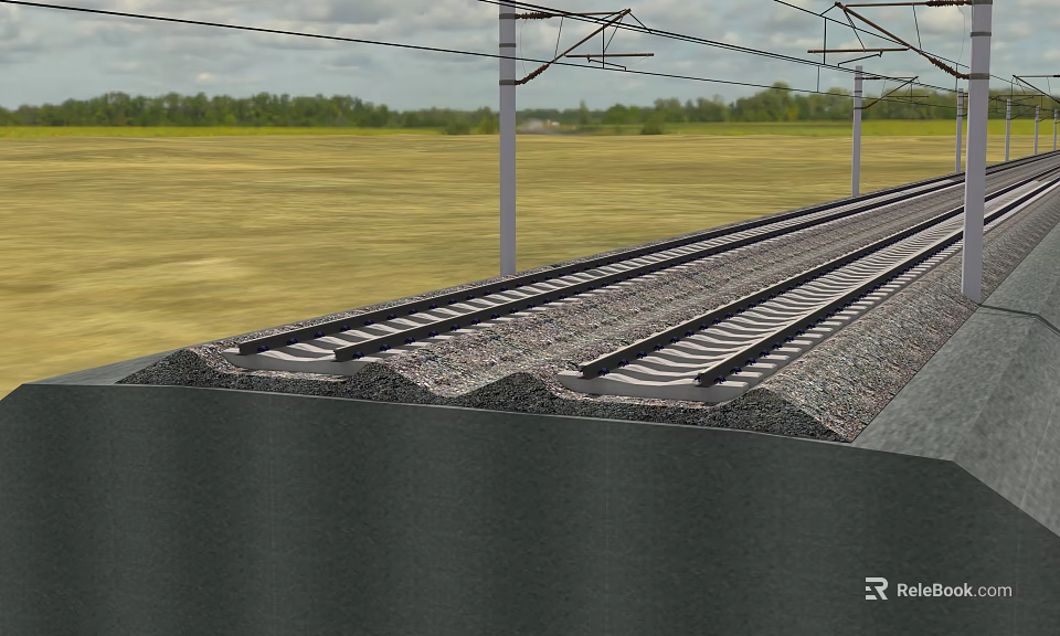 Railway Track With Concrete Sleepers Gravel Ballast Overhead Wires And Utility Poles In Open Field 3d model 