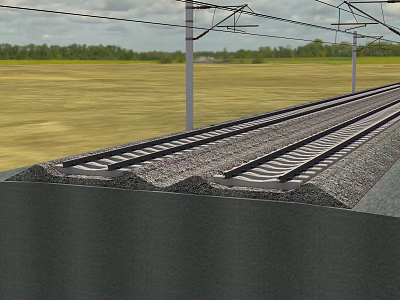 Railway Track With Concrete Sleepers Gravel Ballast Overhead Wires And Utility Poles In Open Field 3d model