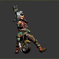 Fantasy Character In Orange Outfit Riding Yellow Motorcycle With Skull Decoration And Green Weapon