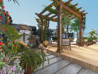 Rooftop Garden Rockery Stones With Wooden Pergola And Lush Green Plants 3d model