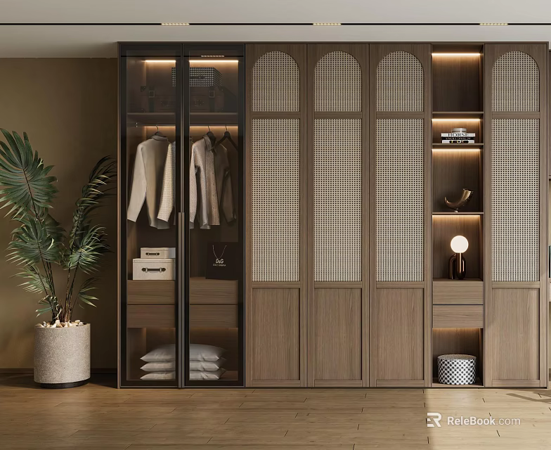 Modern Wooden Wardrobe With Glass Grid Doors Interior Storage Hanging Clothes Decorative Shelf And Lighting 3d model 
