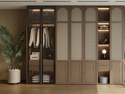 Modern Wooden Wardrobe With Glass Grid Doors Interior Storage Hanging Clothes Decorative Shelf And Lighting 3d model