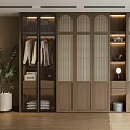 Modern Wooden Wardrobe With Glass Grid Doors Interior Storage Hanging Clothes Decorative Shelf And Lighting