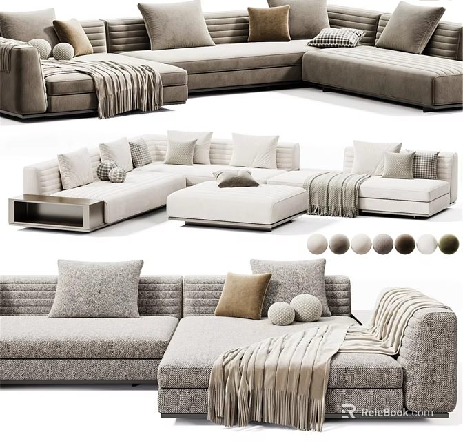 Modern Double Sofa With Light Gray Fabric Pillows And Throw Blanket 3d model 