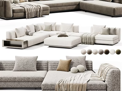 Modern Double Sofa With Light Gray Fabric Pillows And Throw Blanket 3d model