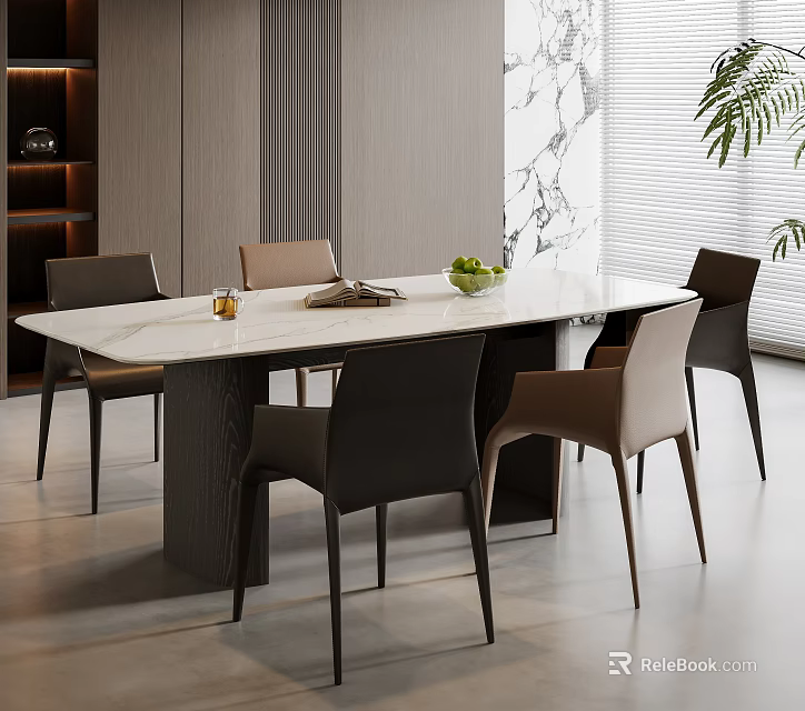 Modern Luxury Dining Table Set With Marble Tabletop Wooden Legs Gray Brown Chairs In Interior 3d model 