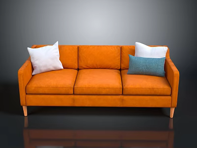 Modern Orange Sofa With White And Blue Cushions And Wooden Legs 3d model