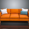 Modern Orange Sofa With White And Blue Cushions And Wooden Legs