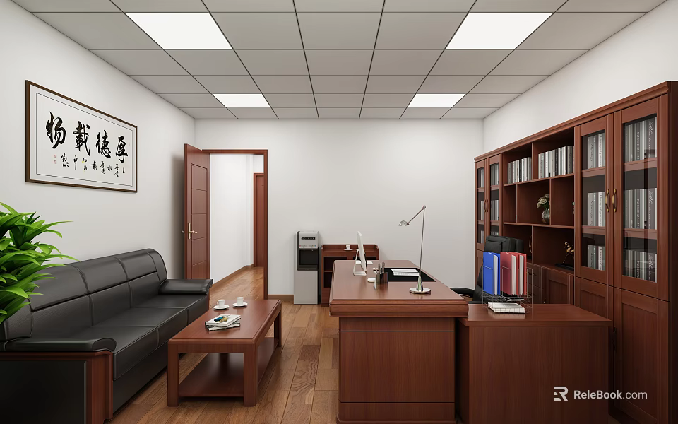 Office Interior With Wooden Furniture Sofa Coffee Table Desk Bookshelf And Calligraphy Painting 3d model 
