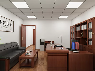 Office Interior With Wooden Furniture Sofa Coffee Table Desk Bookshelf And Calligraphy Painting 3d model