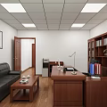 Office Interior With Wooden Furniture Sofa Coffee Table Desk Bookshelf And Calligraphy Painting