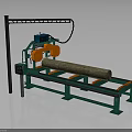 Heavy Log Cutting Machine With Orange Blades On Green Metal Stand Processing Large Wood Log