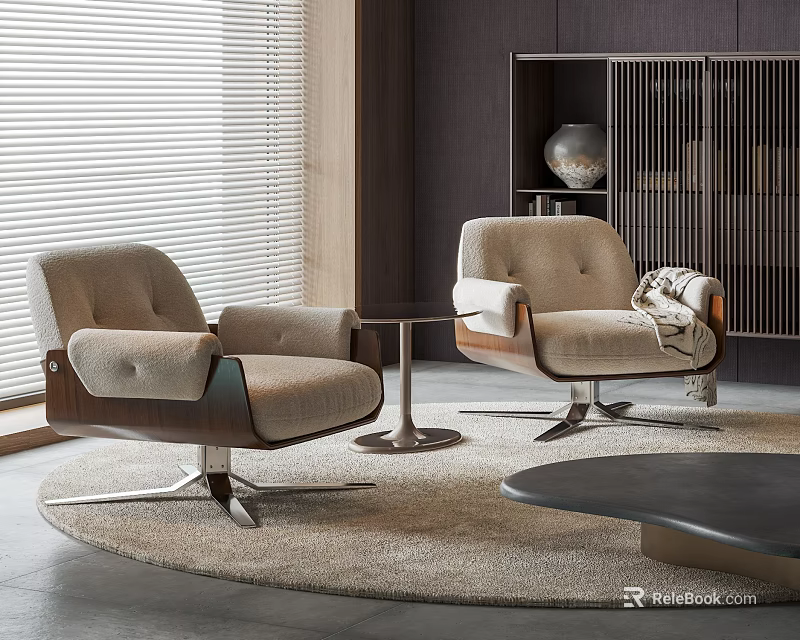 Two Beige Leisure Chairs With Wooden Armrests Round Coffee Table Window Blinds And Round Rug 3d model 