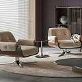 Two Beige Leisure Chairs With Wooden Armrests Round Coffee Table Window Blinds And Round Rug