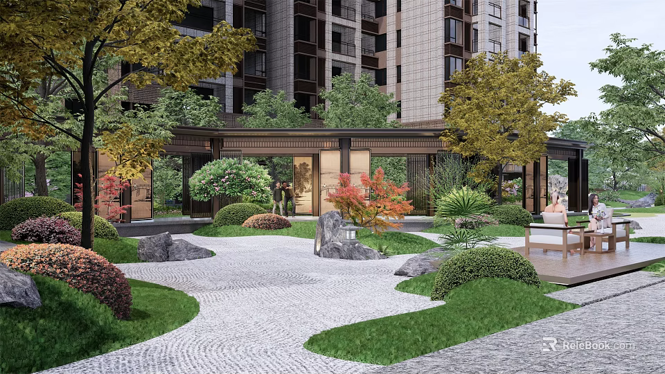 Modern Residential Garden Landscape With High Rise Building Stone Path Green Plants And Rockery Stones 3d model 