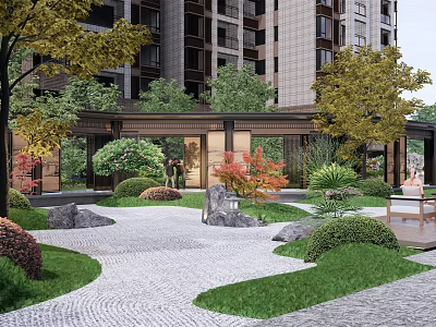 Modern Residential Garden Landscape With High Rise Building Stone Path Green Plants And Rockery Stones 3d model