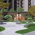 Modern Residential Garden Landscape With High Rise Building Stone Path Green Plants And Rockery Stones