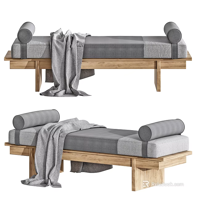 Modern Ottoman With Wooden Frame Gray Cushion And Cozy Gray Blanket 3d model 