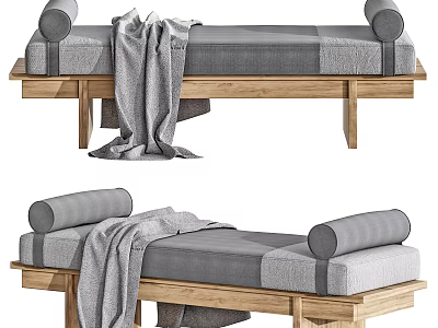 Modern Ottoman With Wooden Frame Gray Cushion And Cozy Gray Blanket 3d model