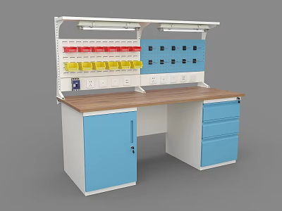 Functional Workbench With Wooden Countertop Blue Cabinets Drawers Upper Pegboard Shelving And Yellow Bins 3d model
