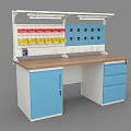Functional Workbench With Wooden Countertop Blue Cabinets Drawers Upper Pegboard Shelving And Yellow Bins