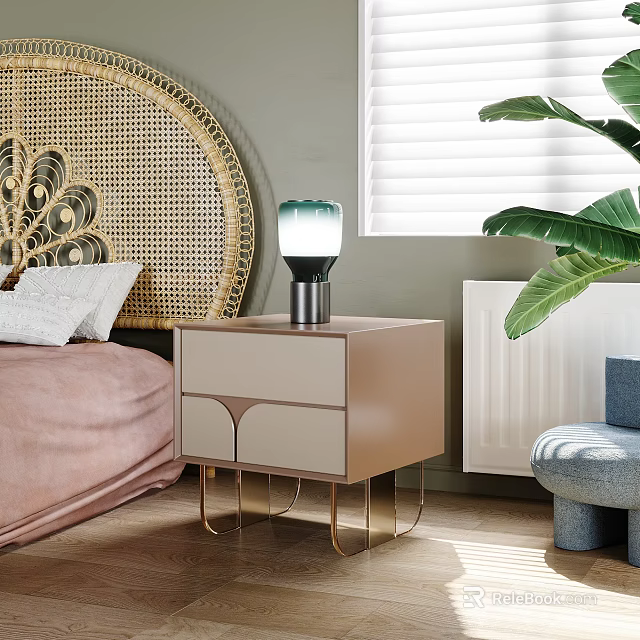 Modern Beige Brown Bedside Table With Drawers Lamp And Wicker Headboard Near Window Plant 3d model 