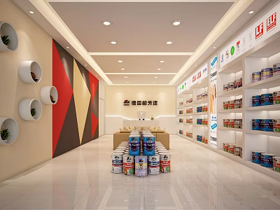 Professional Paint Store Interior Featuring Shelved Paint Cans And Brand Logos 3d model
