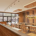 Modern Restaurant Interior With Wooden Ceiling Pendant Lights Menu Screens And Open Layout