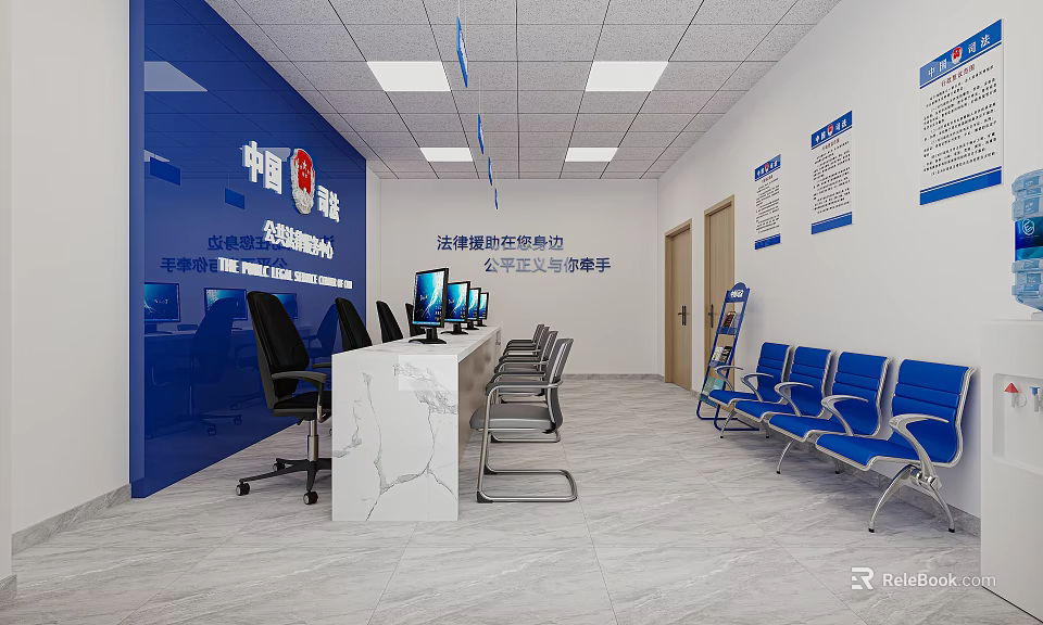 Modern Government Service Hall With Blue Walls Service Counter Computers And Blue Seats 3d model 