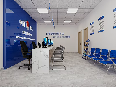 Modern Government Service Hall With Blue Walls Service Counter Computers And Blue Seats 3d model