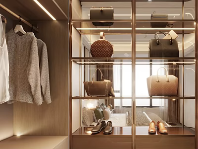 Modern Wardrobe Interior Design With Glass Doors Hanging Clothes Bags And Shoes 3d model