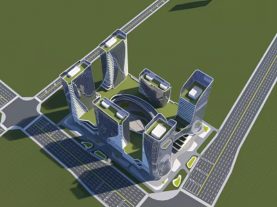 Modern Urban Commercial Complex With High Rise Buildings And Green Central Spaces 3d model
