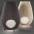 Woven Outdoor Lights with Black Beige Open Weave Round Light Panels and Metal Stands