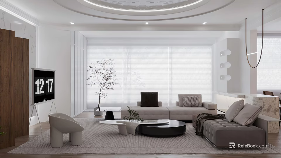 Modern Living and Dining Room Interior With Sofa Coffee Table TV Window and Plants 3d model 