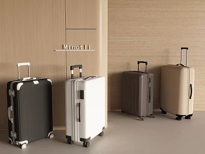 Stylish Black White Dark Gray And Beige Suitcases On Wooden Wall With Mineori Shelf 3d model