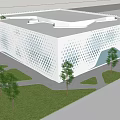 Modern Commercial Complex With Perforated White Facade Trees Lawn And Pathway