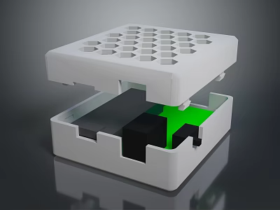 White Compact Computer Hardware Module with Top Ventilation Holes and Internal Green Black Parts 3d model